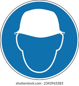 Protective helmet sign. Mandatory sign. Round blue sign. Use a protective helmet. Wear a helmet to protect your head from injury. Follow the safety rules.