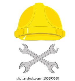 The protective helmet working and crossed wrenches. The image of a skull and bones