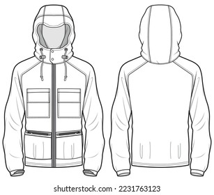 Protective  Hoodie jacket design flat sketch Illustration, cargo pocket Hooded sweater jacket with front and back view, winter jacket for Men and women. for hiker, outerwear and workout in winter