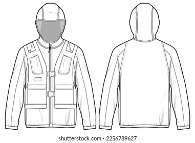 Esbozo plano de la chaqueta de la capucha protectora Ilustración, chaqueta de suéter de la capucha de bolsillo de la carga con vista frontal y posterior, chaqueta de invierno para hombres y mujeres. para excursionismo, ultradesgaste y entrenamiento en invierno