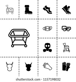 Protective icon. collection of 13 protective filled and outline icons such as glove, boot, gas mask, playpen, gloves. editable protective icons for web and mobile.