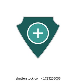 Protective icon, green shield with white cross, vector illustration,