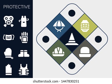 protective icon set. 13 filled protective icons.  Simple modern icons about  - Hat, Gloves, Bulletproof, Boots, Mask, Glove, Gas mask, Apron, Helmet