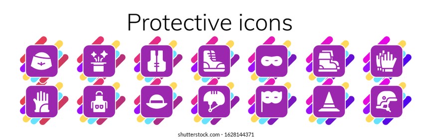 protective icon set. 14 filled protective icons.  Simple modern icons such as: Hat, Gloves, Apron, Lifejacket, Boots, Helmet, Mask, Eye mask, Football gloves