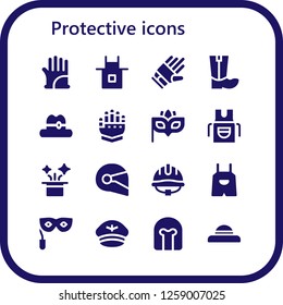  protective icon set. 16 filled protective icons. Simple modern icons about  - Gloves, Apron, Boots, Hat, Gauntlet, Eye mask, Helmet, Overall