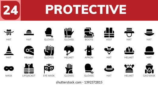 protective icon set. 24 filled protective icons.  Collection Of - Hat, Gloves, Boots, Vest, Helmet, Apron, Mask, Lifejacket, Eye mask, Gas mask