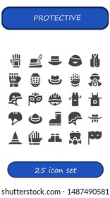 protective icon set. 25 filled protective icons.  Simple modern icons about  - Glove, Hat, Vest, Helmet, Gauntlet, Gas mask, Eye mask, Apron, Boots, Gloves