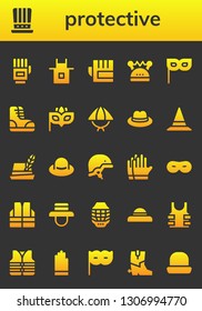 protective icon set. 26 filled protective icons.  Collection Of - Gloves, Hat, Apron, Helmet, Mask, Boots, Eye mask, Vest, Bulletproof, Lifejacket