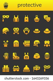 conjunto de iconos de protección. 26 iconos protectores rellenos. Incluye máscara ocular, gauntlet, antibalas, globos, ampollas, cascos, mascarilla de gas, sombrero, guantes, guantes, boots, chalecos, iconos de seguridad