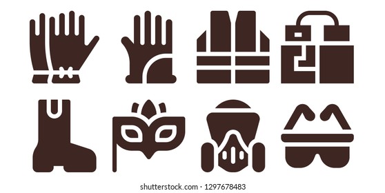  protective icon set. 8 filled protective icons. Simple modern icons about  - Boot, Gloves, Eye mask, Gas mask, Vest, Safety