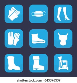 Protective icon. set of 9 filled protective icons such as glove, cleaning tools, gloves, woman boots, boot, medical mask