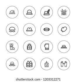 Protective icon set. collection of 16 outline protective icons with boots, glove, hat, gloves, goggles, mask, paintball, oven mitt, safety icons.