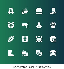protective icon set. Collection of 16 filled protective icons included Gas mask, Masks, Gloves, Boots, Helmet, Goggles, Headgear, Apron, Mask, Boot, Lifejacket