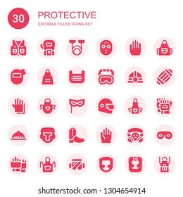 protective icon set. Collection of 30 filled protective icons included Vest, Gloves, Resistance, Hockey mask, Mask, Apron, Goggles, Helmet, Boxing helmet, Boots, Gas mask, Masks