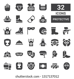 protective icon set. Collection of 32 filled protective icons included Hockey mask, Safety glasses, Mask, Headgear, Gloves, Boots, Glove, Helmet, Masks, Gas mask, Apron, Paintball
