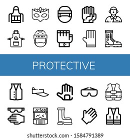 protective icon set. Collection of Apron, Eye mask, Helmet, Hockey helmet, Gloves, Defendant, Boot, Vest, Protective, Visor, Boots, Goggles, Rubber gloves, Life vest icons