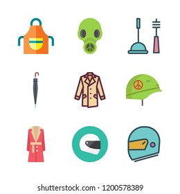 protective icon set. vector set about cleaning tools, umbrella, coat and gas mask icons set.