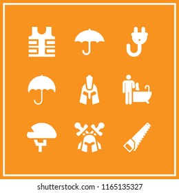 protective icon. This set with helmet, handsaw, umbrella and bulletproof vest vector icons for mobile and web