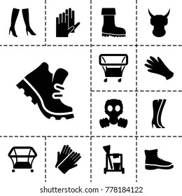 Protective icons. set of 13 editable filled protective icons such as playpen, gloves, cleaning tools, woman boots, helmet, boot