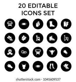 Protective icons. set of 20 editable filled protective icons such as playpen, glove, gloves, cleaning tools, woman boots. best quality protective elements in trendy style.