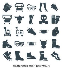 Protective icons. set of 25 editable filled protective icons such as playpen, glove, gloves, cleaning tools, woman boots, boot, welding glasses, helmet, medical mask