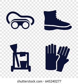Protective icons set. set of 4 protective filled icons such as glove, cleaning tools, welding glasses
