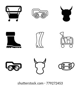 Protective icons. set of 9 editable filled and outline protective icons such as helmet, medical mask, playpen, boot, welding glasses, cleaning tools