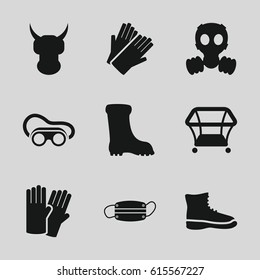Protective icons set. set of 9 protective filled icons such as playpen, glove, gloves, boot, welding glasses, medical mask, gas mask