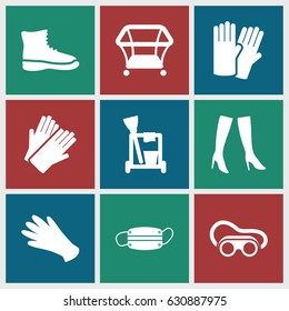 Protective icons set. set of 9 protective filled icons such as playpen, glove, gloves, cleaning tools, woman boots, welding glasses, medical mask