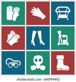 Protective icons set. set of 9 protective filled icons such as playpen, glove, gloves, cleaning tools, woman boots, welding glasses, boot