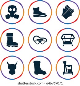 Protective icons set. set of 9 protective filled icons such as playpen, cleaning tools, gloves, boot, welding glasses, gas mask
