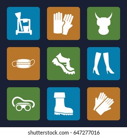 Protective icons set. set of 9 protective filled icons such as glove, cleaning tools, gloves, woman boots, boot, welding glasses, medical mask