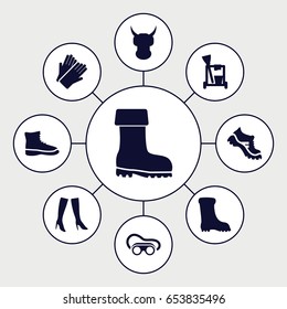 Protective icons set. set of 9 protective filled icons such as cleaning tools, gloves, woman boots, boot, welding glasses