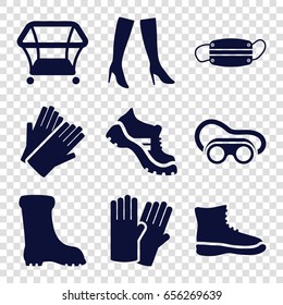 Protective icons set. set of 9 protective filled icons such as playpen, glove, gloves, woman boots, boot, welding glasses