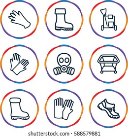 protective icons set. Set of 9 protective outline icons such as playpen, glove, gloves, cleaning tools, boot