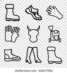 Protective icons set. set of 9 protective outline icons such as glove, gloves, cleaning tools, woman boots, boot