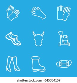 Protective icons set. set of 9 protective outline icons such as glove, gloves, cleaning tools, woman boots, boot, medical mask