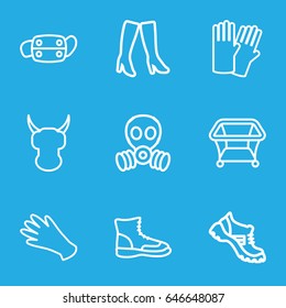 Protective icons set. set of 9 protective outline icons such as playpen, glove, gloves, woman boots, boot, medical mask, gas mask