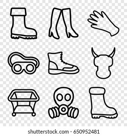 Protective icons set. set of 9 protective outline icons such as playpen, gloves, woman boots, boot, welding glasses, gas mask
