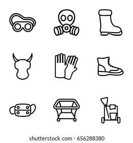 Protective icons set. set of 9 protective outline icons such as playpen, glove, cleaning tools, boot, welding glasses, medical mask, gas mask