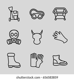 Protective icons set. set of 9 protective outline icons such as playpen, glove, gloves, cleaning tools, boot, welding glasses, gas mask