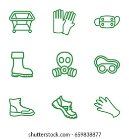 Protective icons set. set of 9 protective outline icons such as playpen, glove, gloves, boot, welding glasses, medical mask