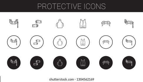 protective icons set. Collection of protective with eye mask, glove, apron, vest. Editable and scalable protective icons.