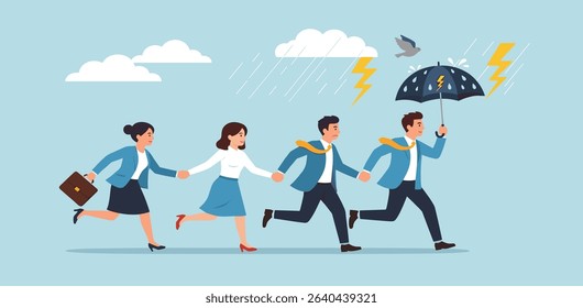 Protective leader, courage or leadership to protect team colleagues, aspiration or support for employee to solve problem and get through crisis, adversity, risk or organization thunderstorm problem