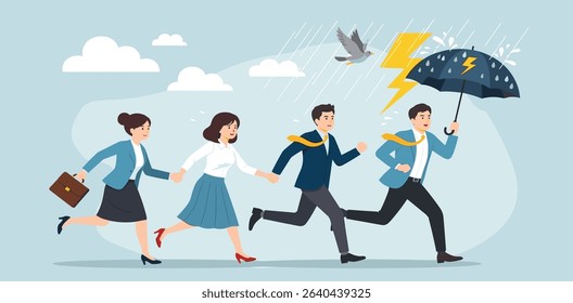 Protective leader, courage or leadership to protect team colleagues, aspiration or support for employee to solve problem and get through crisis, adversity, risk or organization thunderstorm problem