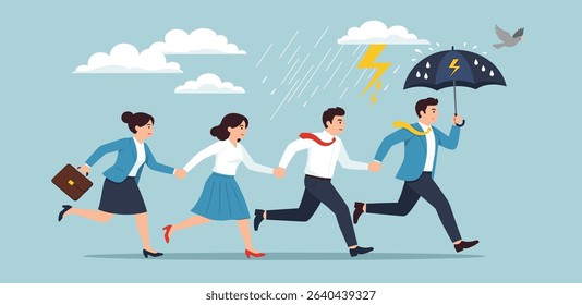 Protective leader, courage or leadership to protect team colleagues, aspiration or support for employee to solve problem and get through crisis, adversity, risk or organization thunderstorm problem
