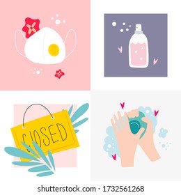 Protective mask and antiseptics in scandinavian style. Unique hand drawn nursery poster. Modern vector illustration.
