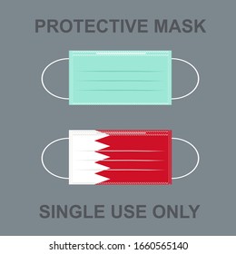 A protective mask with Bahrain flag pattern isolated on gray background. There’s a word PROTECTIVE MASK above and SINGLE USE ONLY under the masks. Concept about health, avoiding, hygiene hospitality.