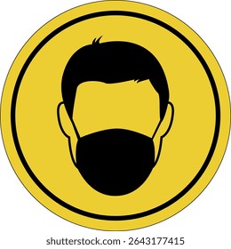 Protective mask. Breathing mask on the face. Medical mask. Yellow circle sticker. Warning icon. Yellow sign. Circle label.