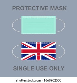 A protective mask with Britain flag pattern isolated on gray background. There’s a word PROTECTIVE MASK above and SINGLE USE ONLY under the masks. Concept about health, avoiding, hygiene hospitality.